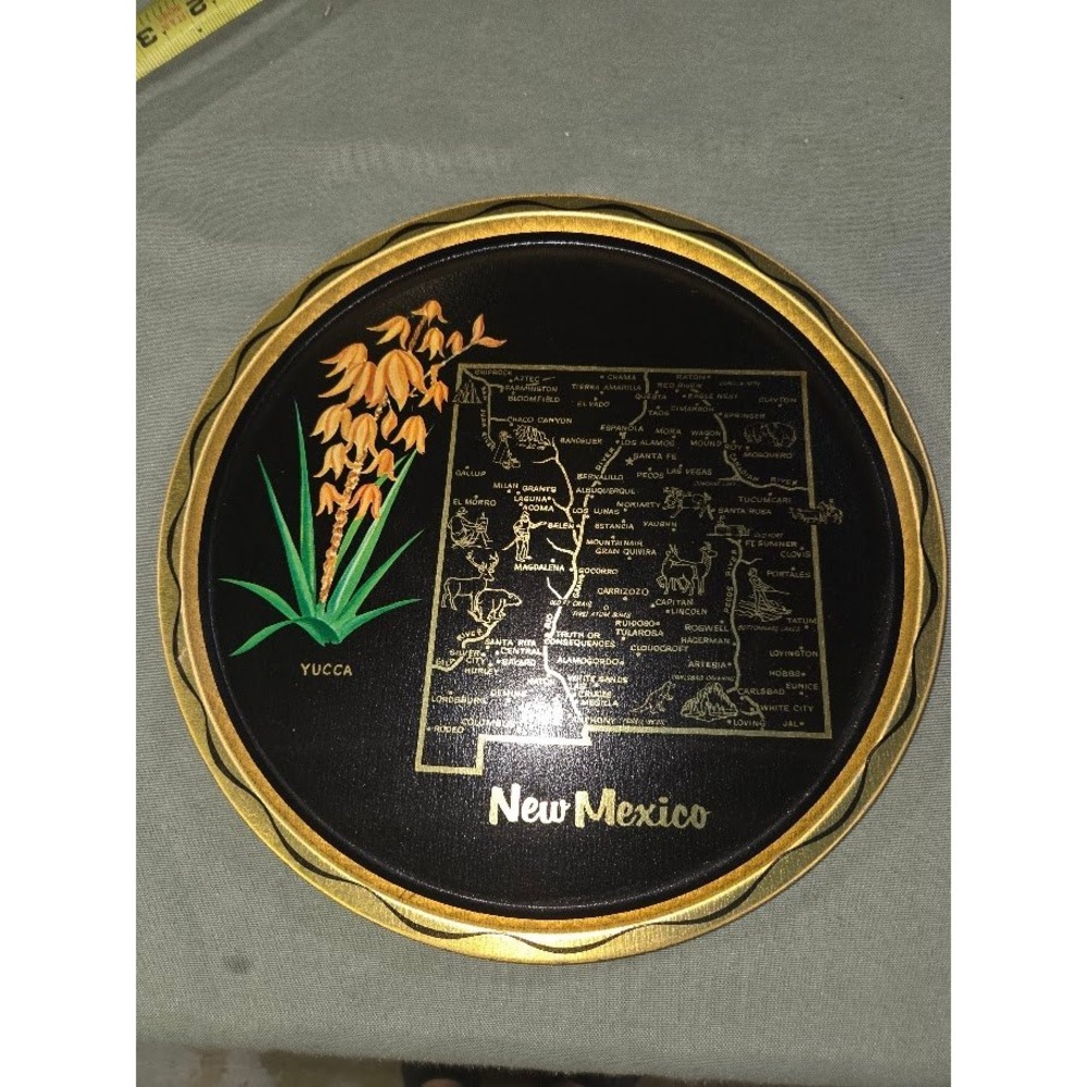 Vintage New Mexico Souvenir Tin Tray Yucca Flower State Map Gold Black 11 Inch